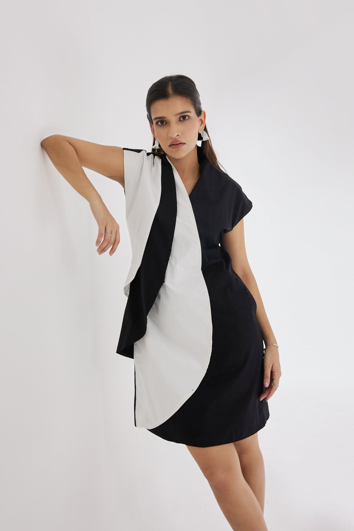 Black and White Colorblock V-Neck Mini Dress
