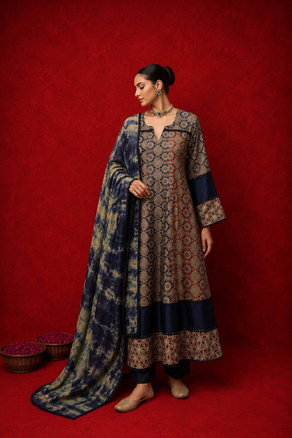 Naseebo Gulbadan Ajrakh Anarkali Kurta Set
