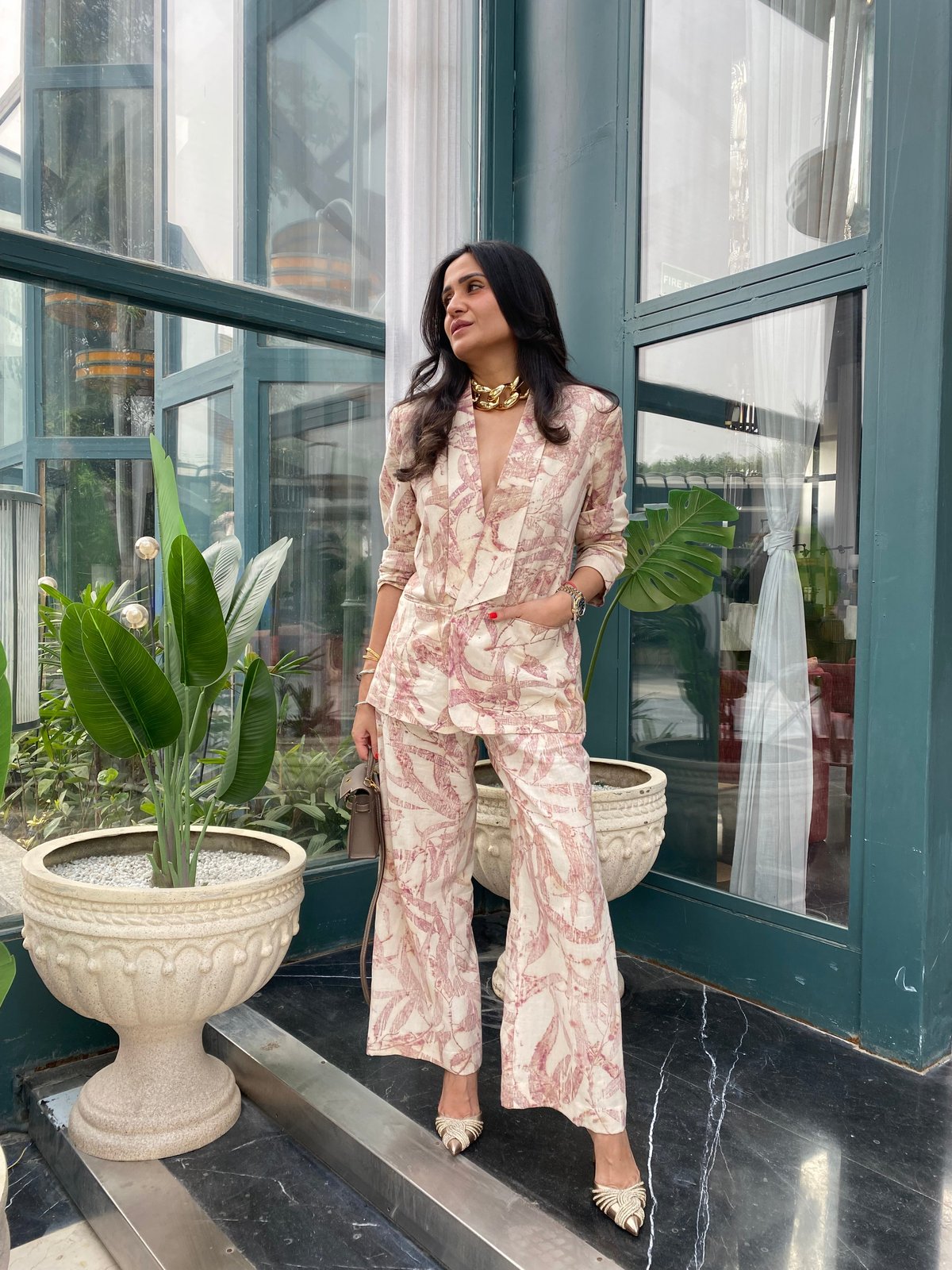 Pink/White Oversized Botanical Print Blazer with Tux Lapel