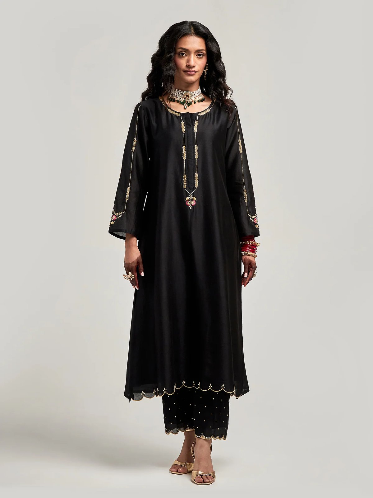 Black Silk Chanderi Embroidered Straight Kurta