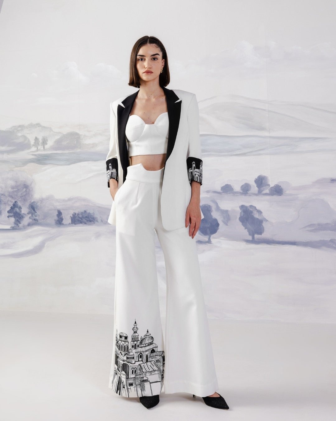 Ivory High-Waist Wide-Leg Trousers with Hem Embroidery