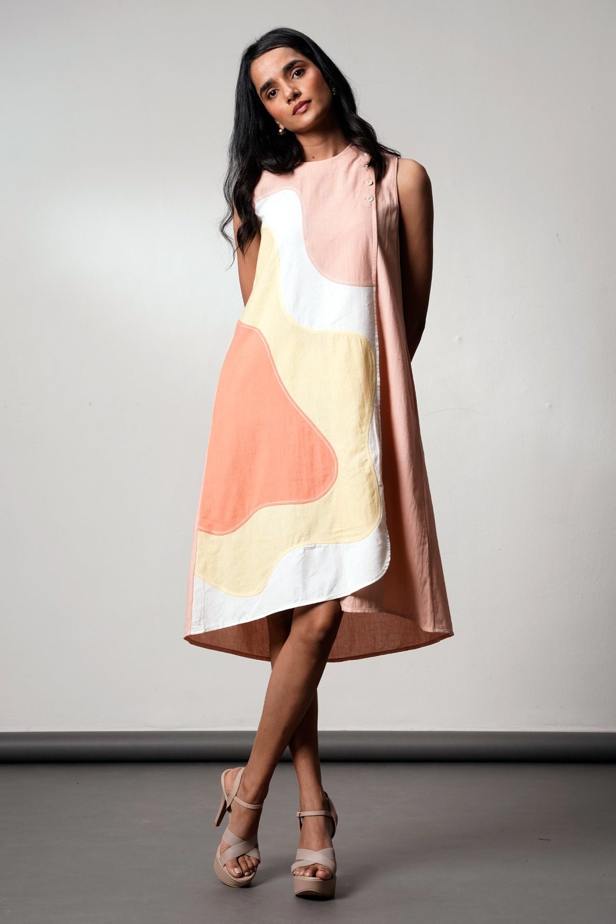 Pastel Colorblock Sleeveless A-Line Midi Dress