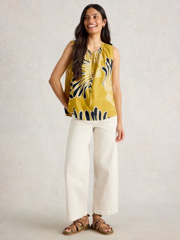 Mustard Yellow Abstract Print Tie-Up Neck Vest Top
