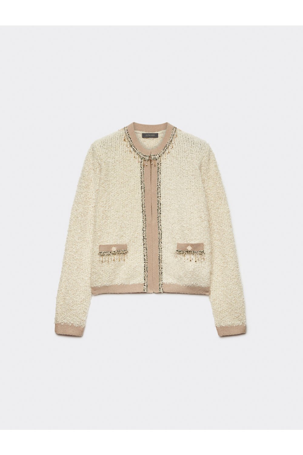 Beige Textured Cropped Cardigan with Crystal Trim