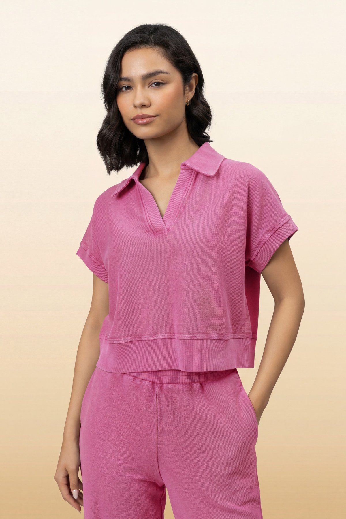 Pink Cotton Reverse Terry Cropped Polo Top