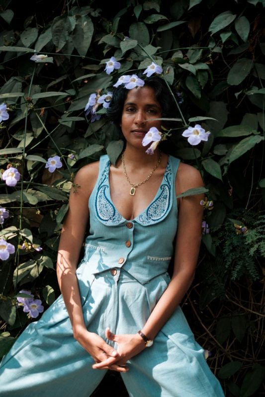 Blue Handwoven Denim Cropped Waistcoat with Embroidered Neck