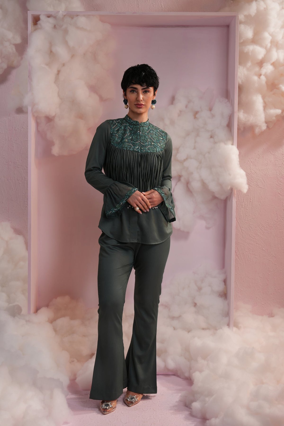 Bottle Green Embroidered Yoke Fringe Co-ord Set