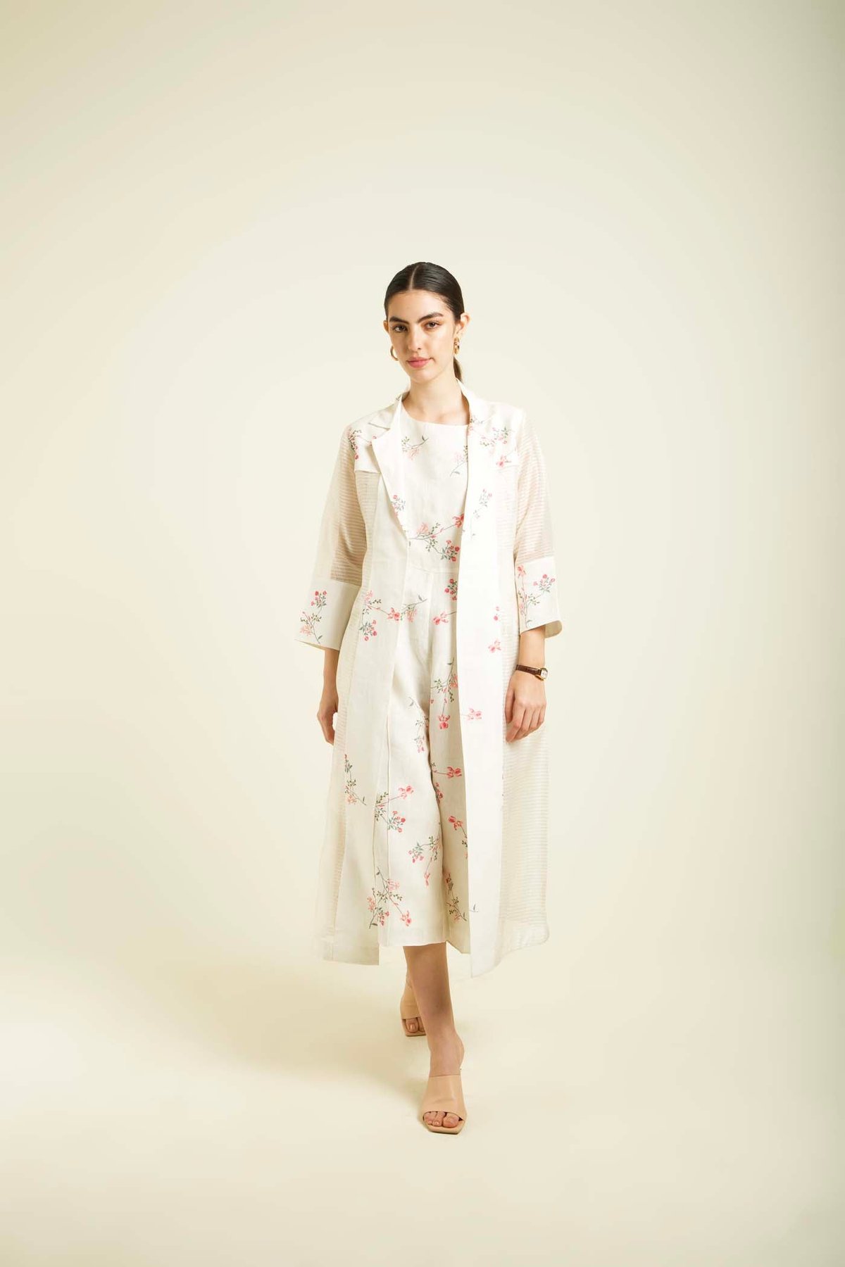 Ivory Floral Printed Linen Jumpsuit with Organza Jacket Set