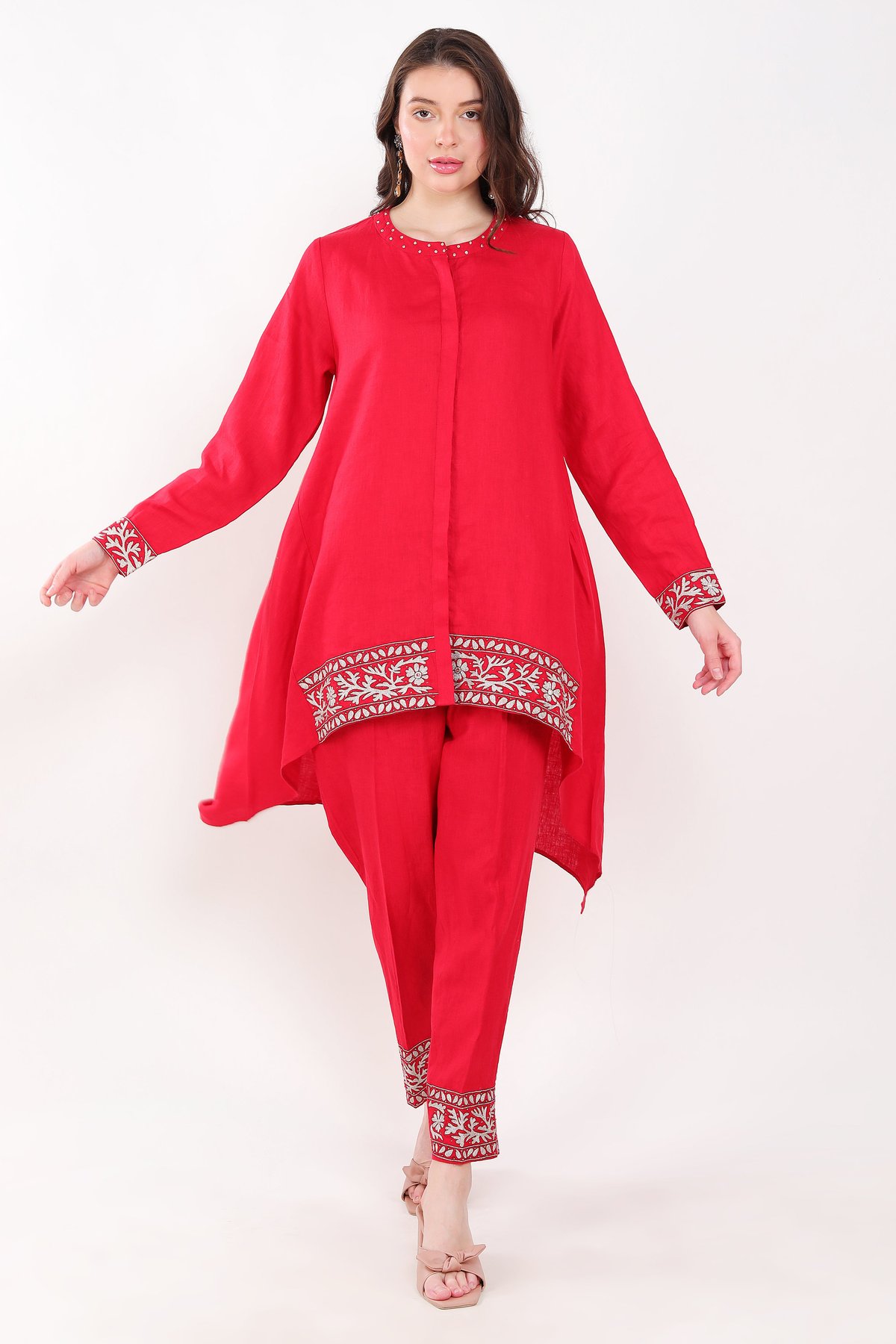 Red Linen Zari Embroidered Tunic and Pant Co-ord Set