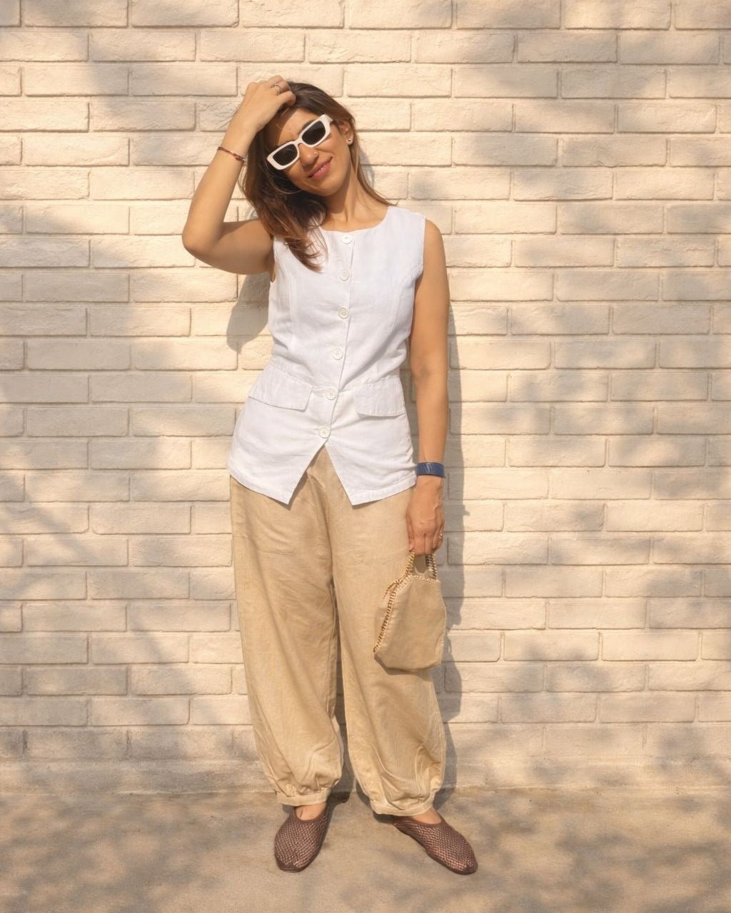 Ivory Linen Co-ord Set with Button-Front Top and Pants