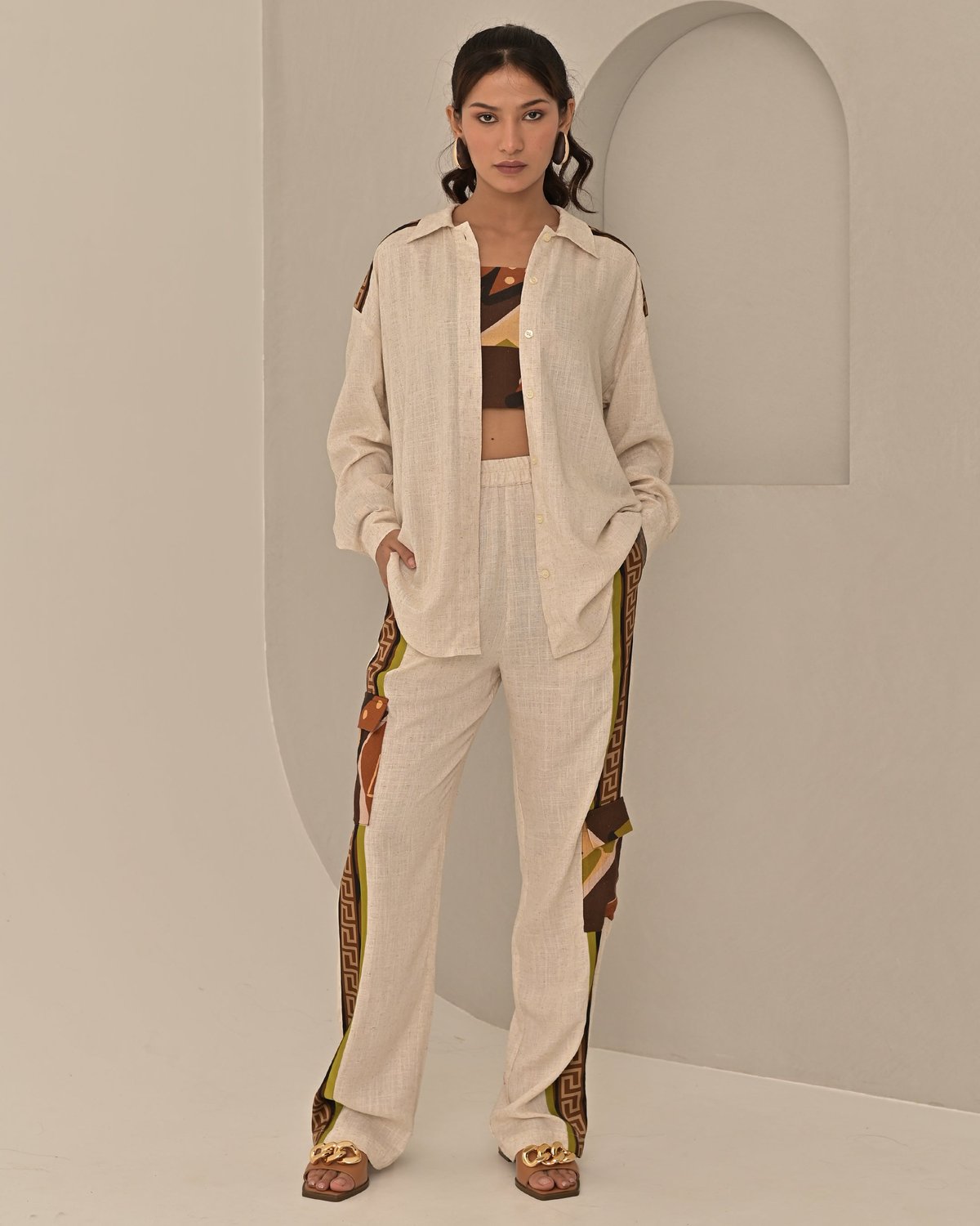 Beige Longline Button-Down Shirt with Printed Back Panel