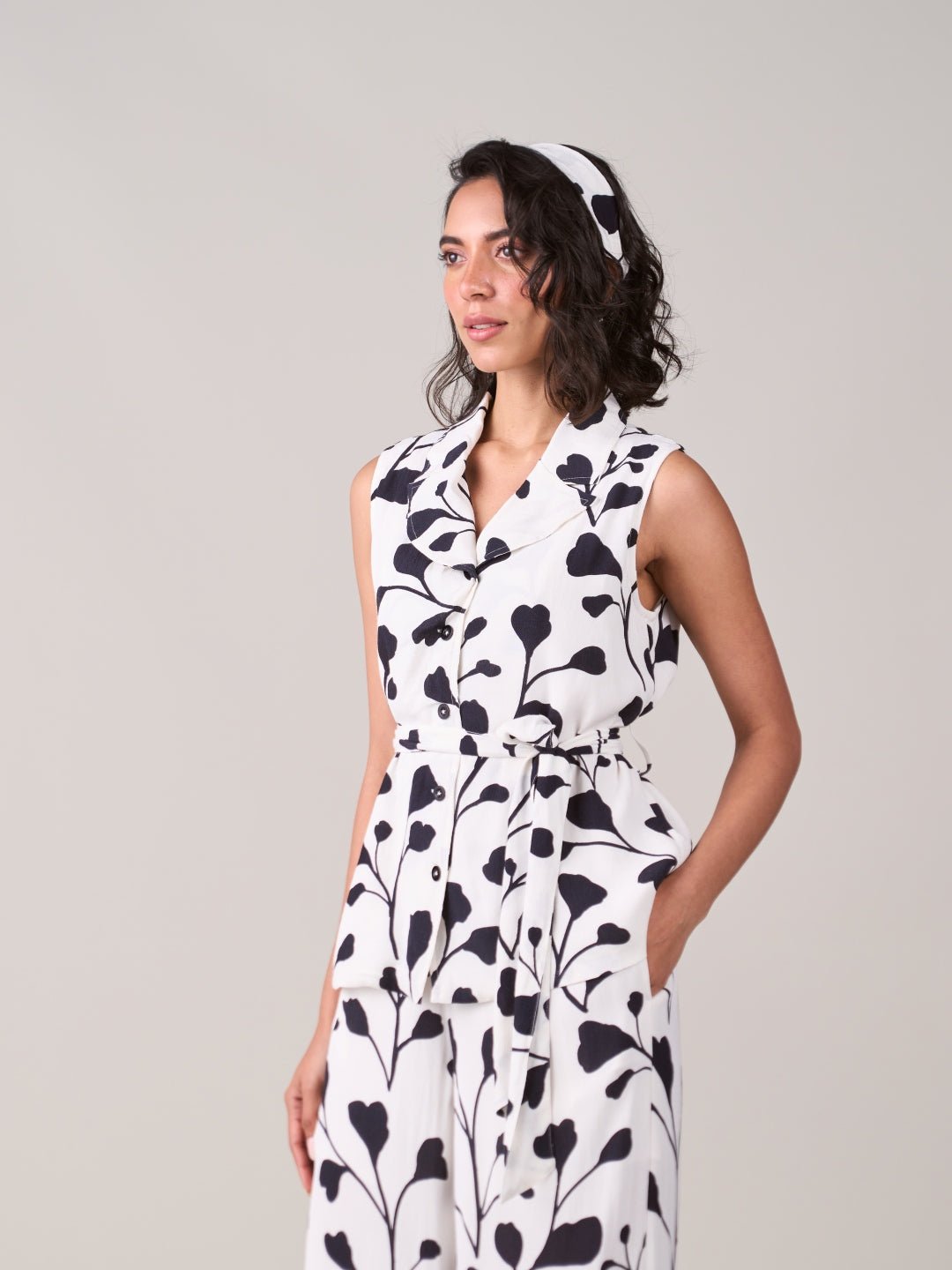 White and Black Floral Wrap Top with Waist Tie