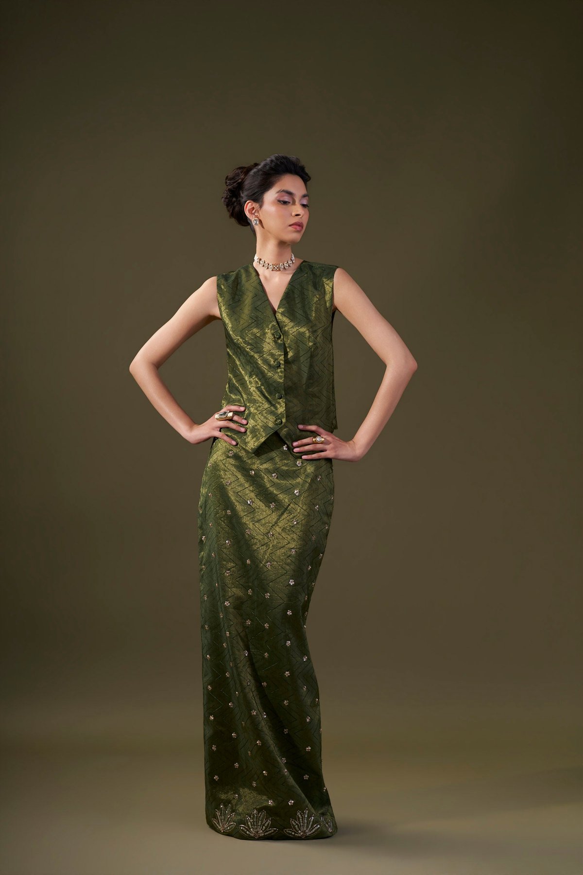 Olive Green Vest With Straight Skirt