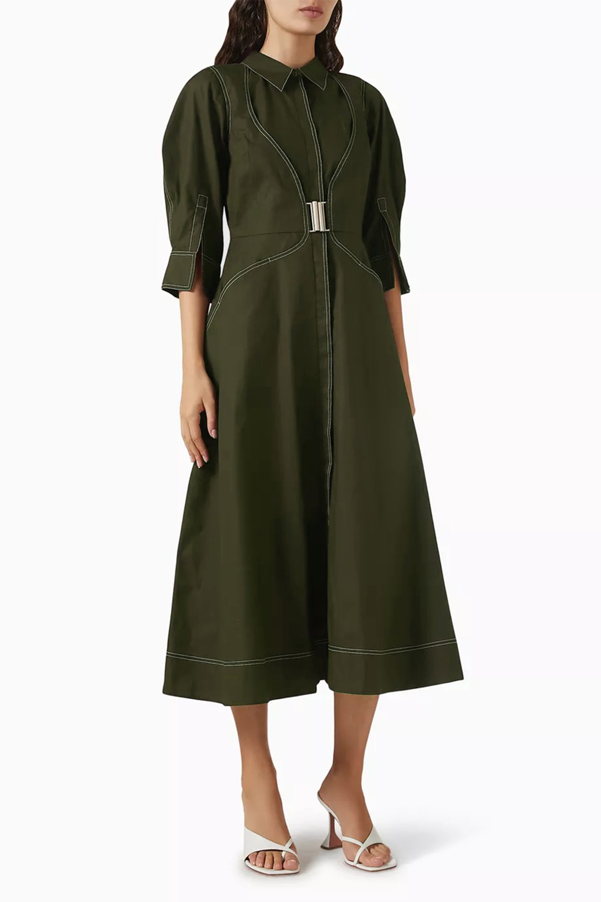 Military Green Fit and Flare Midi Dress with Buckle Waist