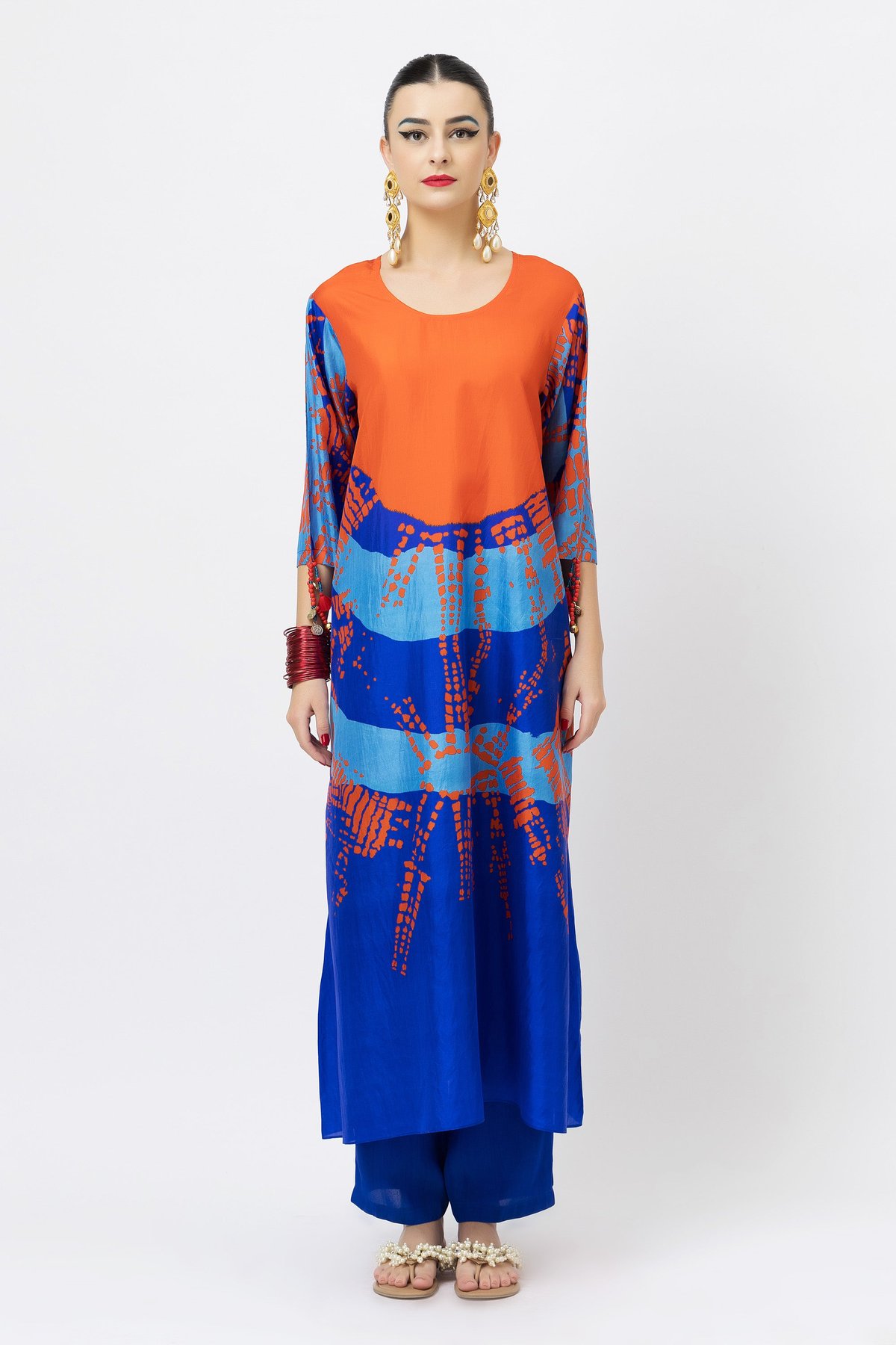 Blue and Orange Printed Silk Kurta Set