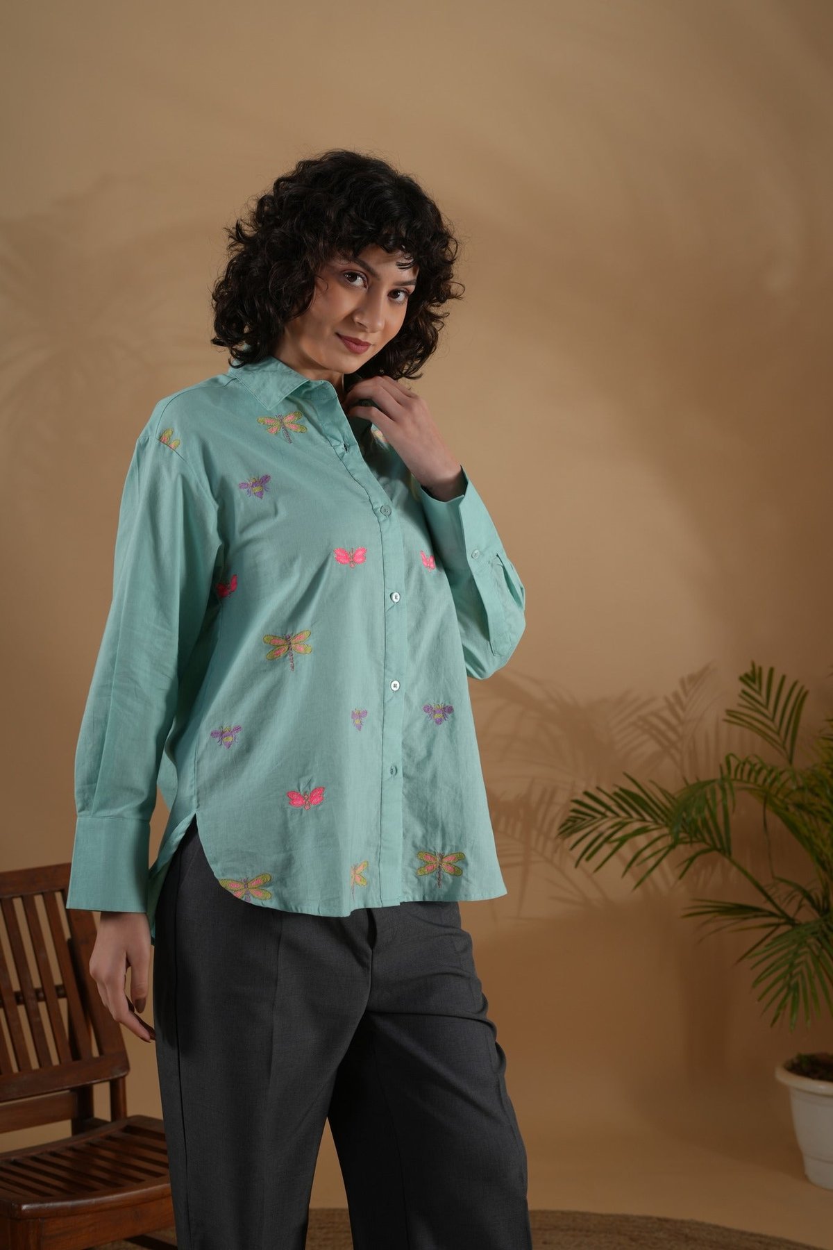 Mint Oversized Bug Embroidered Cotton Linen Shirt