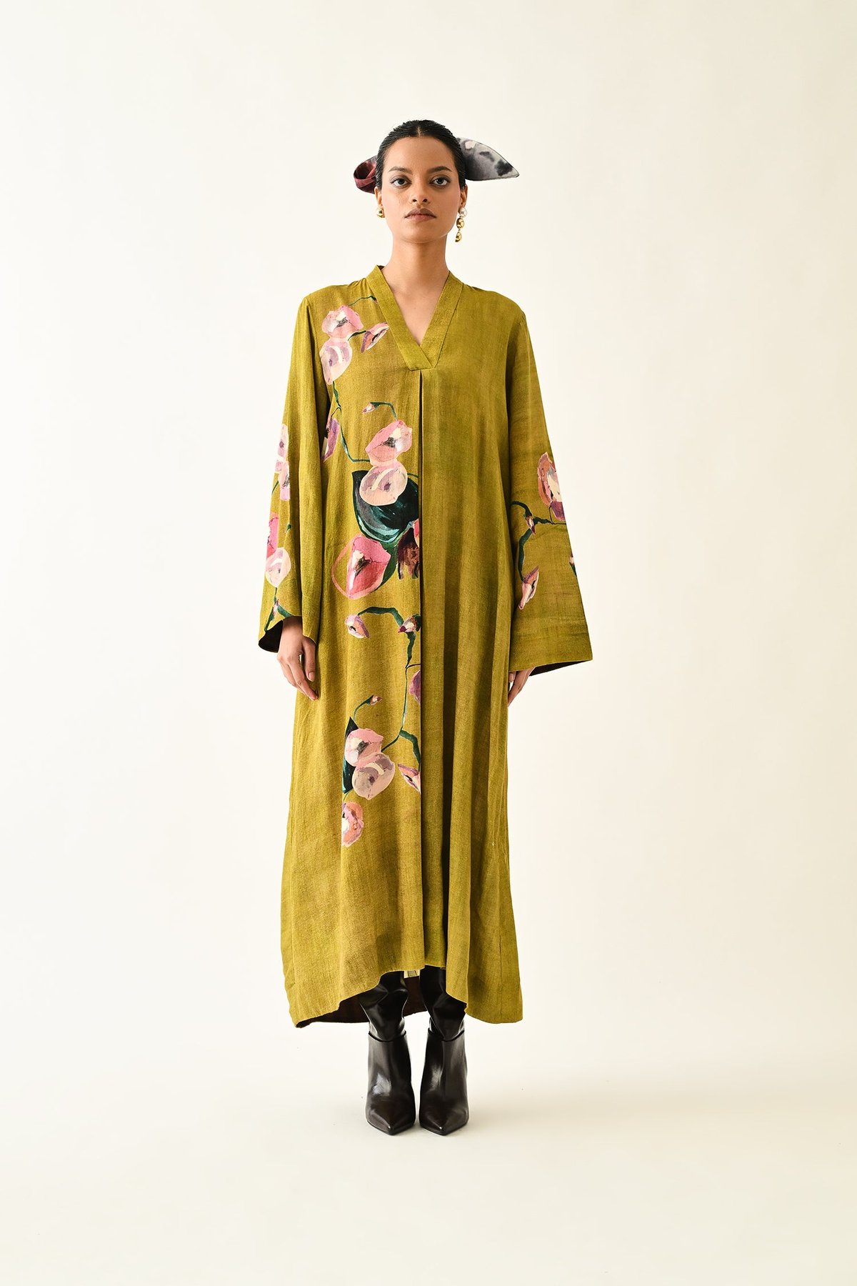 Mustard Abstract Print Cotton Maxi Dress with V-Neck