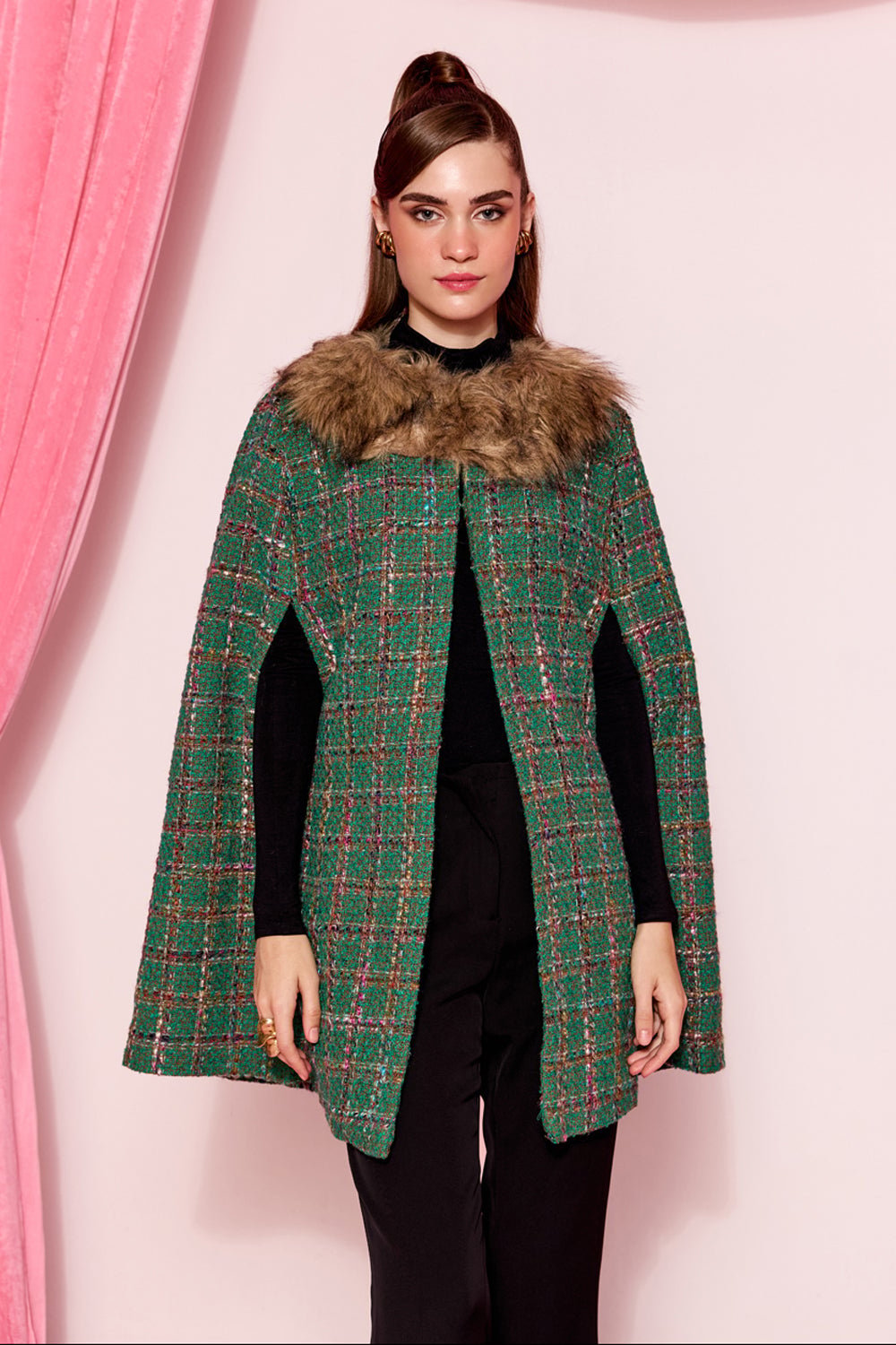 Green Tweed Plaid Longline Cape with Fur Collar