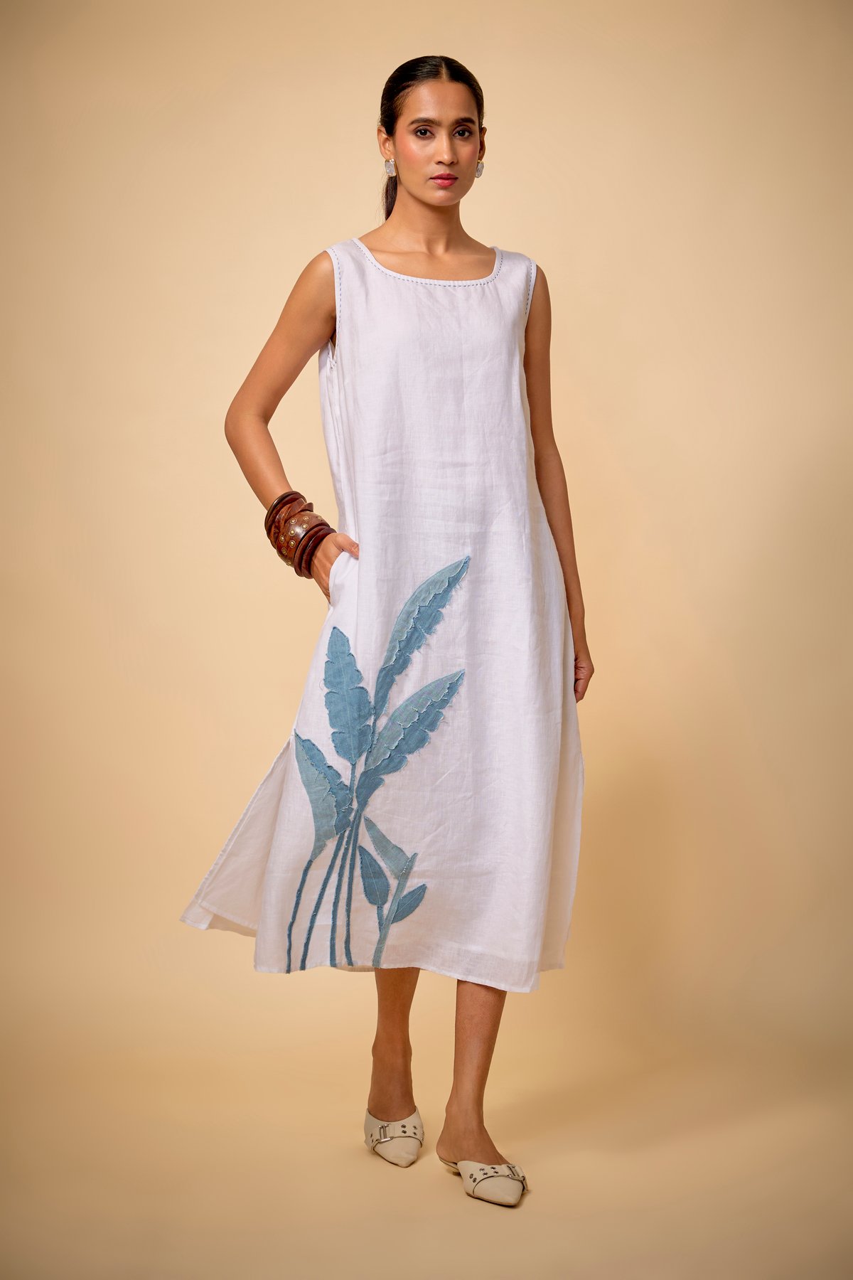 White Linen Square Neck Sleeveless Midi Dress