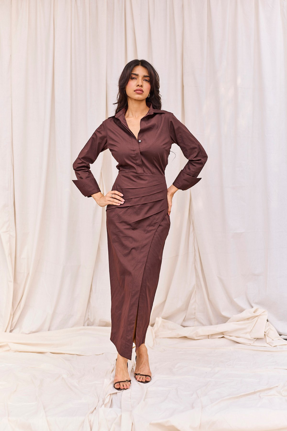 Brown Poplin Structured Midi Dress