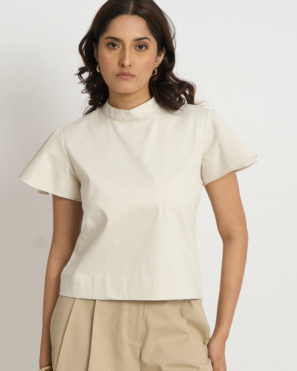 Cream Cotton Mock Neck Flutter Sleeve Top
