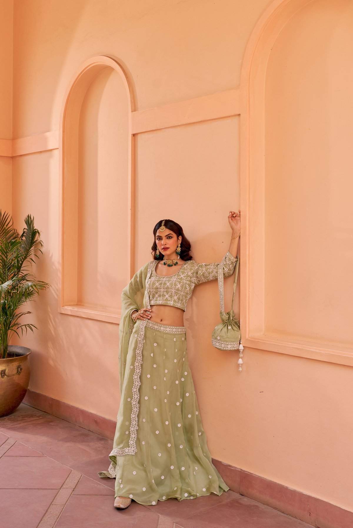 Green Organza Embroidered Lehenga Set with Dupatta