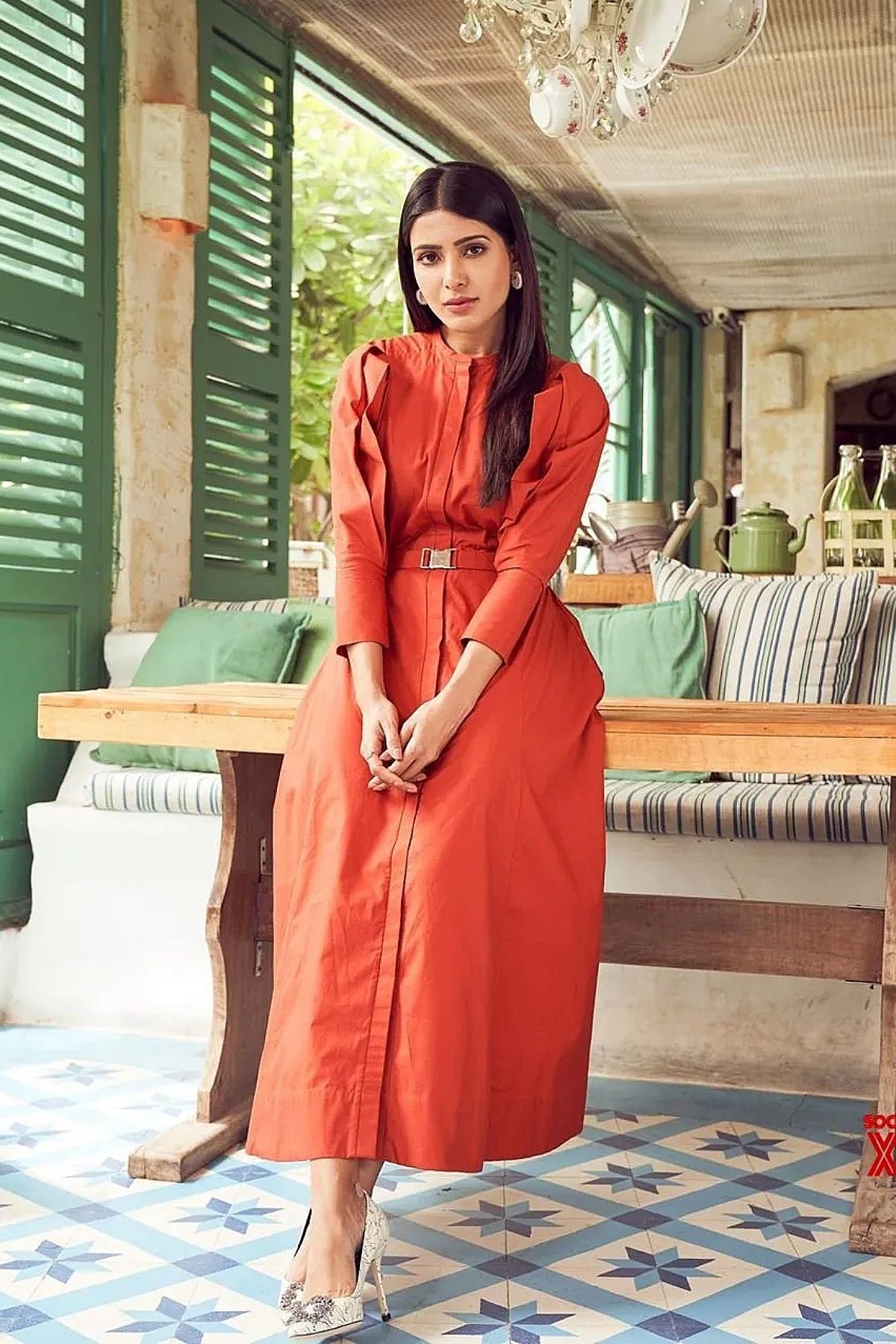 Chrome Orange Fit and Flare Midi Shirt Dress