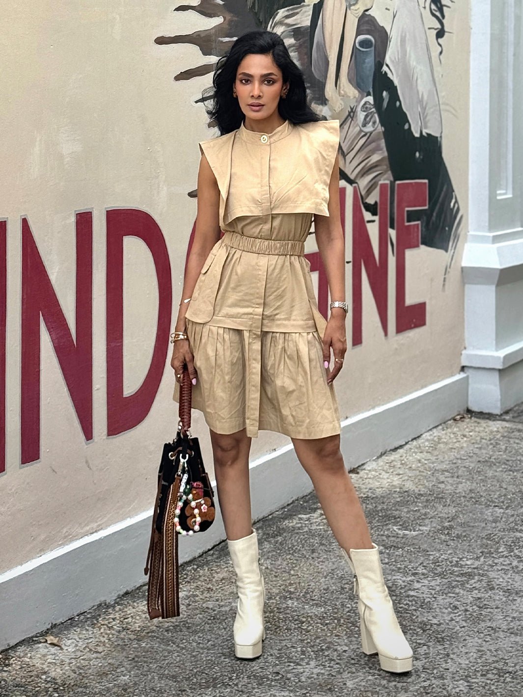 Beige Cotton Twill Tiered Knee-Length Shirt Dress