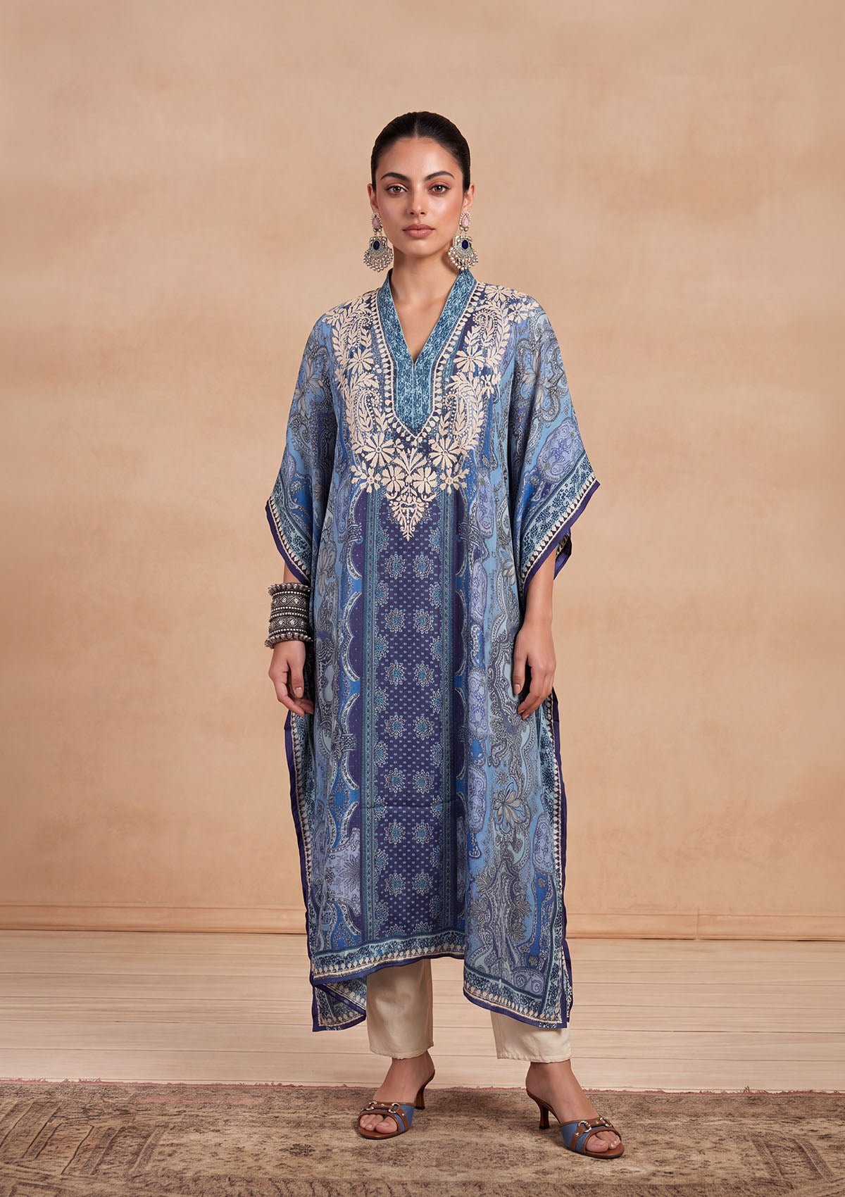 Chikankari Printed Women'S Kaftan -Blue