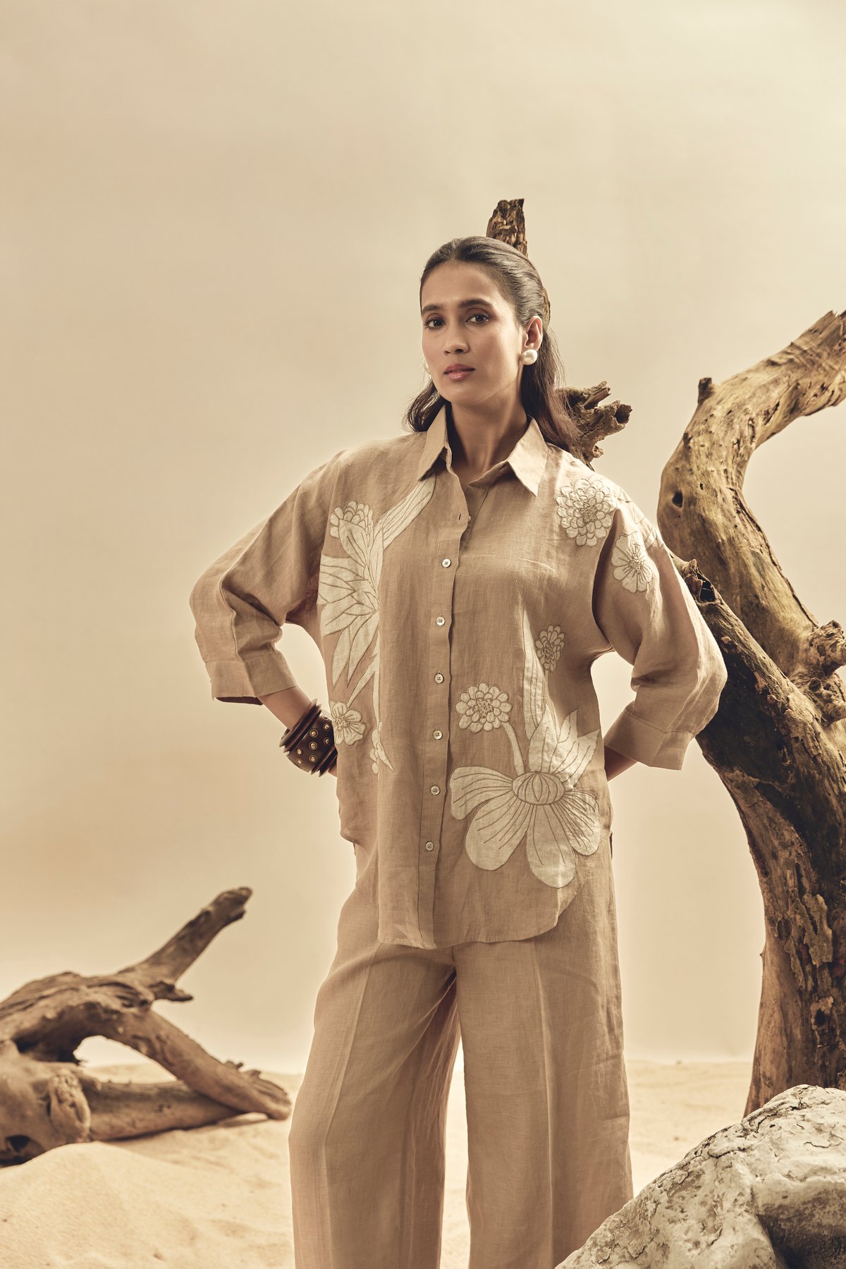 Khaki Linen Wide-Leg Trousers