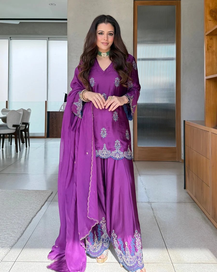 Wine Embroidered Kurta Set with Farshi Pants and Dupatta