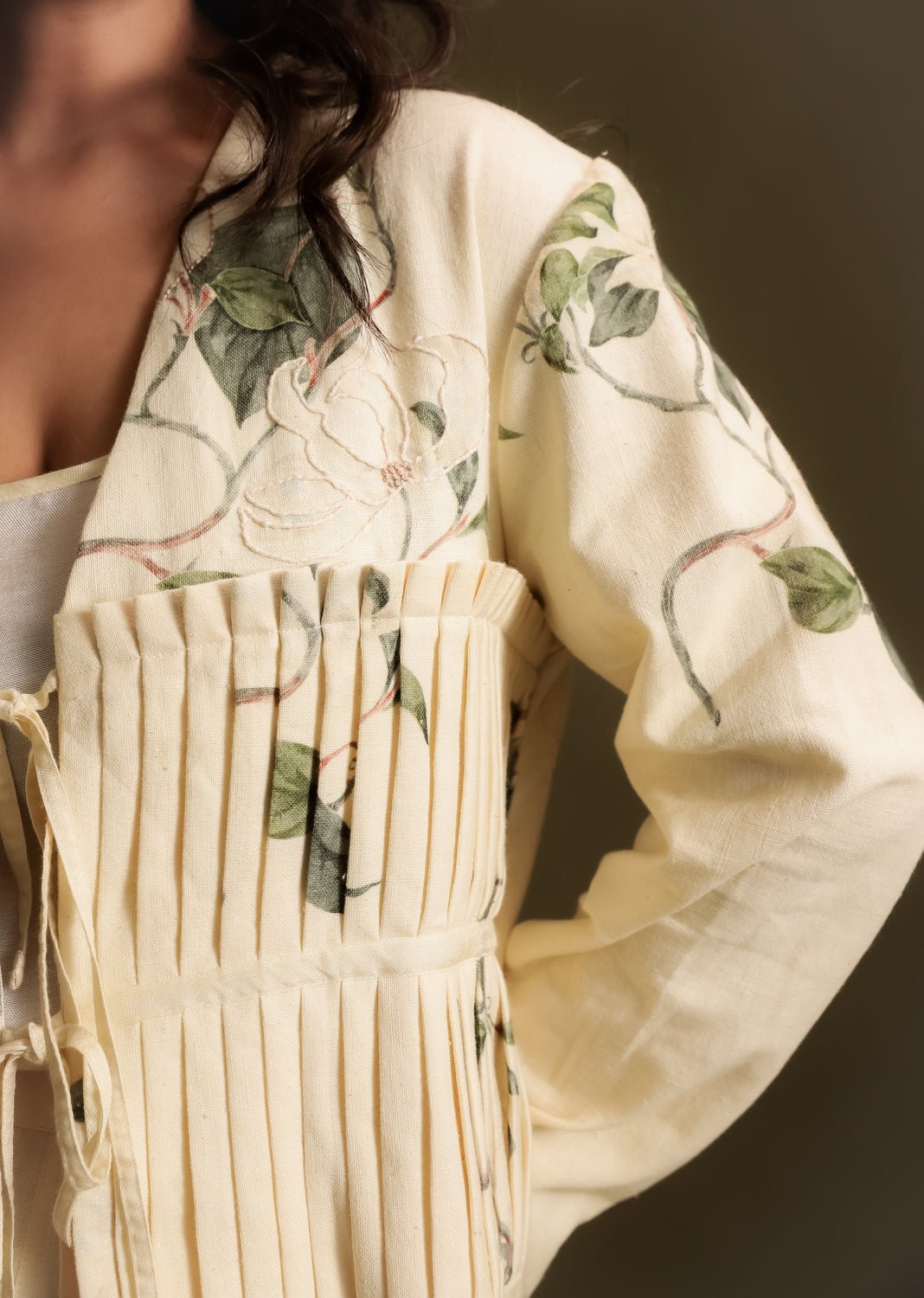 Buttery Yellow Khadi Floral Print Tie-Up Jacket