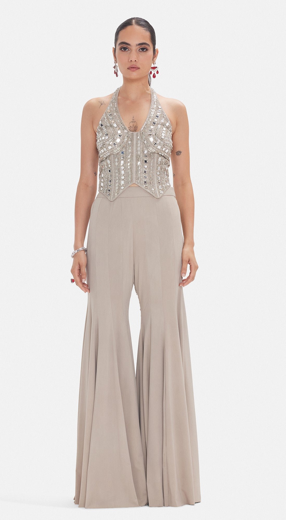 Grey Halter Blouse and Flared Sharara Co-ord Set