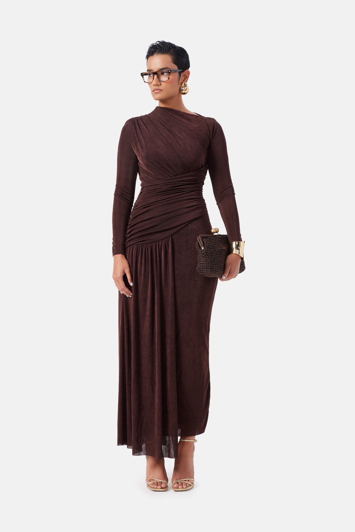 Pastel Pink Draped Ruched Maxi Bodycon Dress