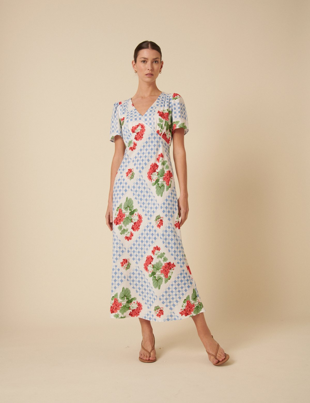Blue Tile Print Floral V-Neck Midi Dress