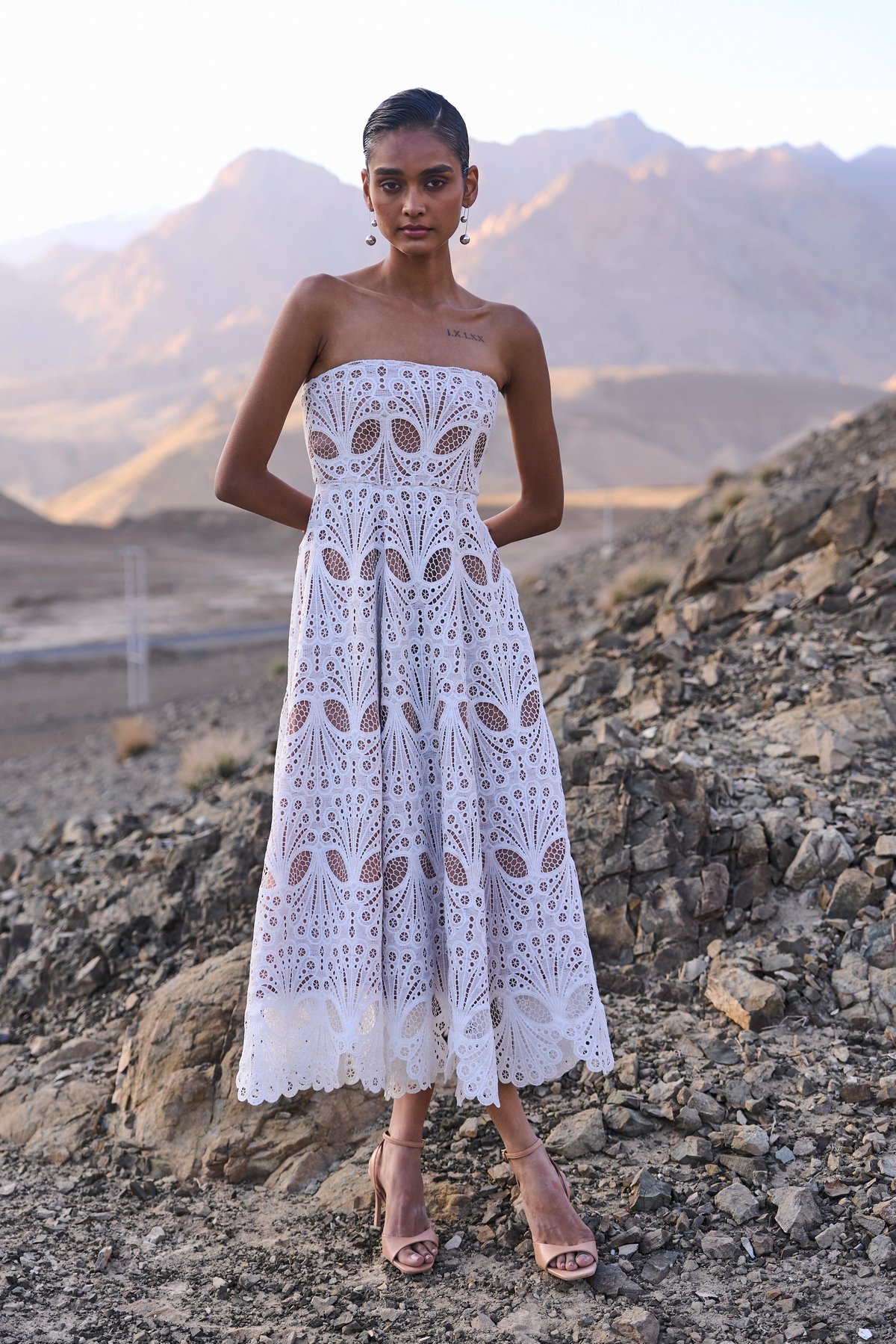 White Cutwork Lace Strapless Fit and Flare Midi Dress