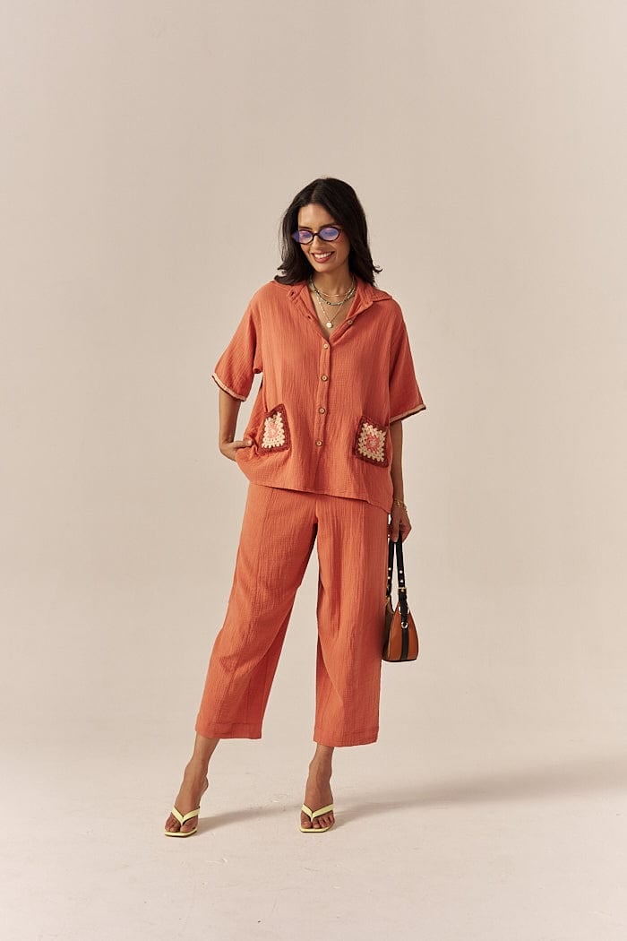 Burnt Orange Crochet Pocket Shirt and Pants Co-ord Set