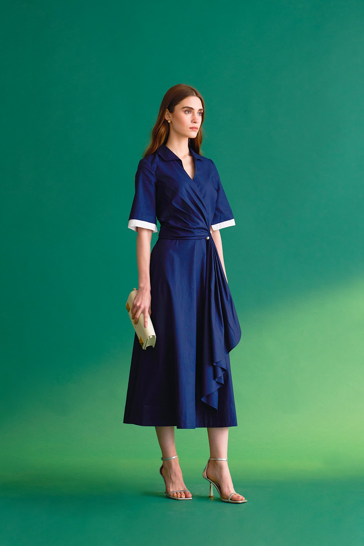 Navy/White Draped Wrap Midi Shirt Dress