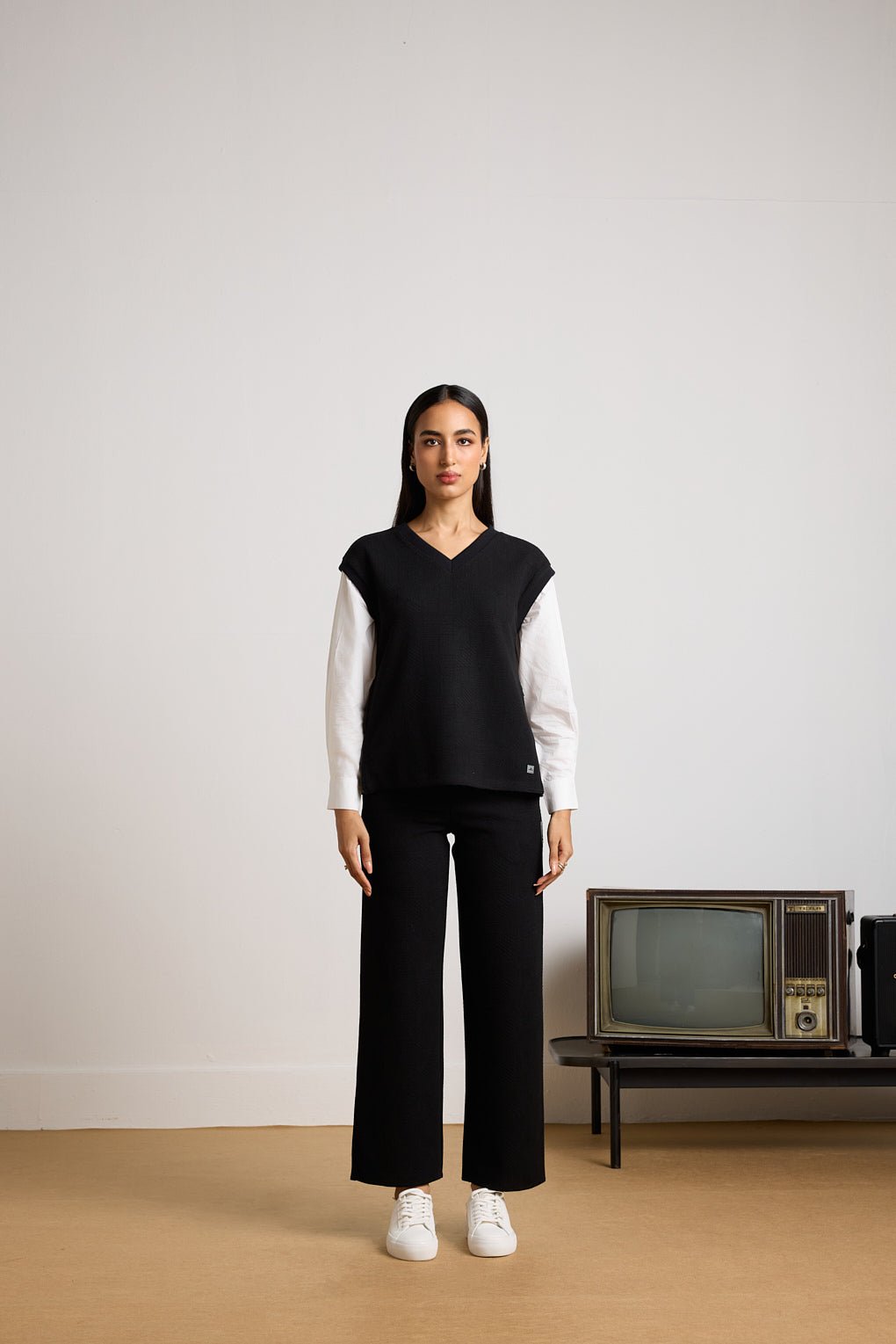 Black Textured Co-ord Set with V-Neck Top and Pants