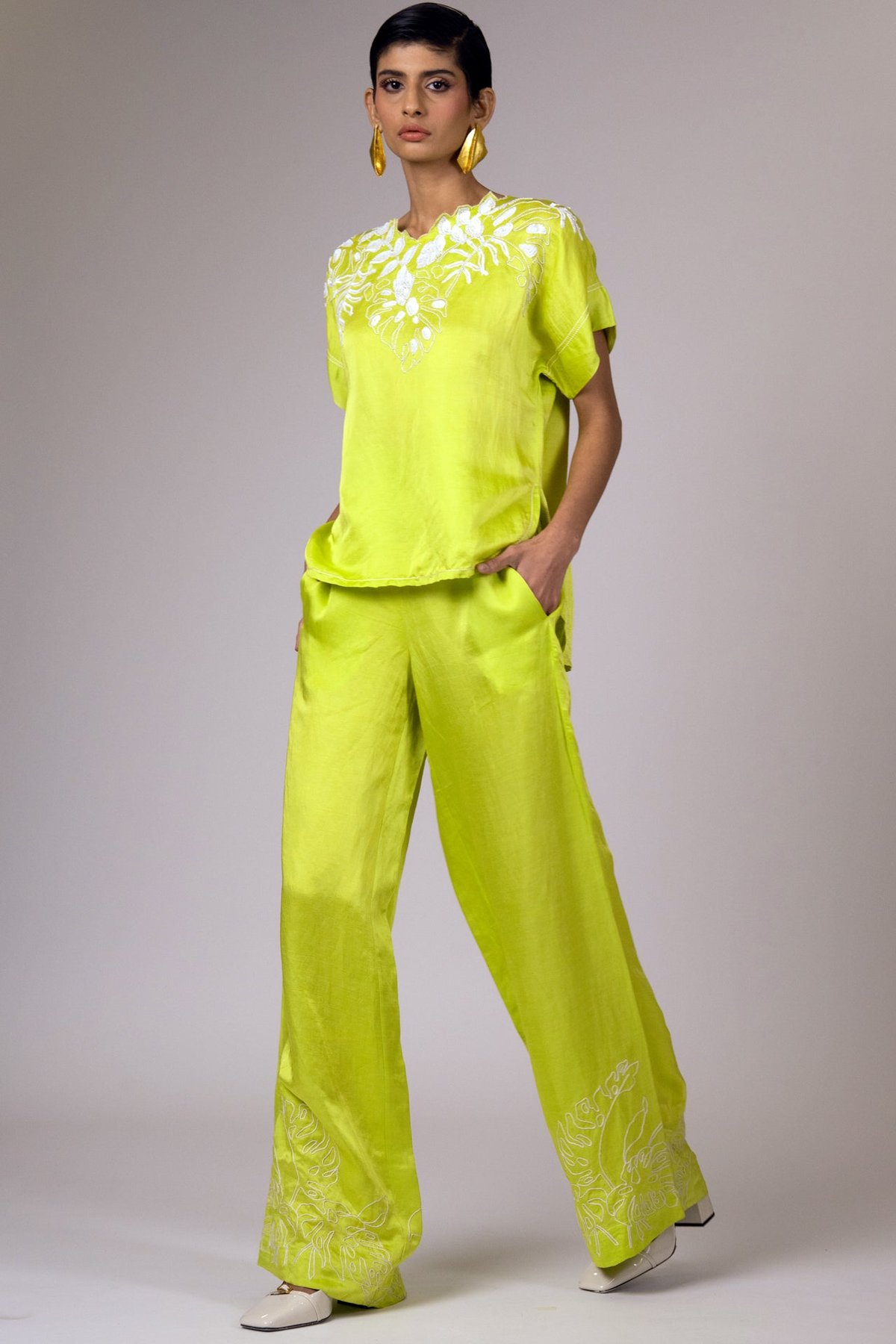 Lime Green Vega - Scalloped Neck Top & Retro Pants