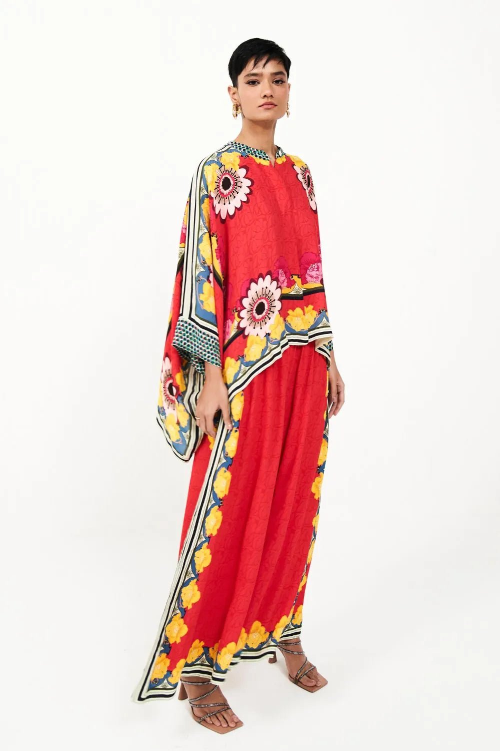 Red Floral Cape Top and Wide-Leg Pants Co-ord Set