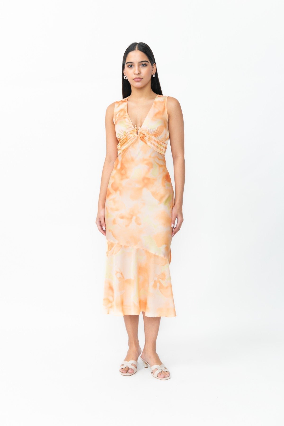 Orange Abstract Print Satin Lycra Midi Fit and Flare Dress