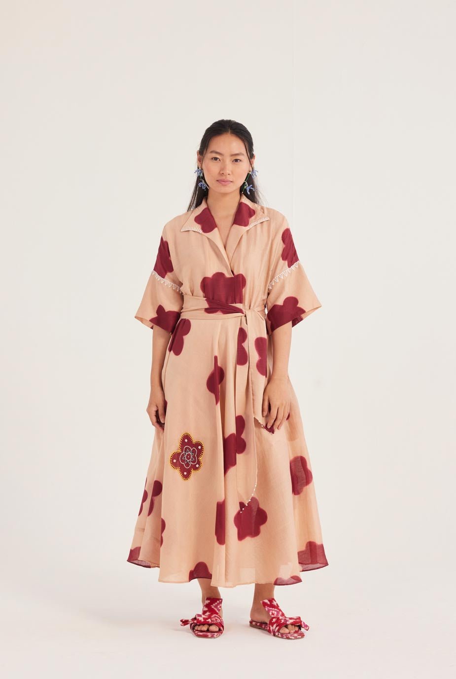 Beige Printed Chanderi Maxi Dress with Tie Belt