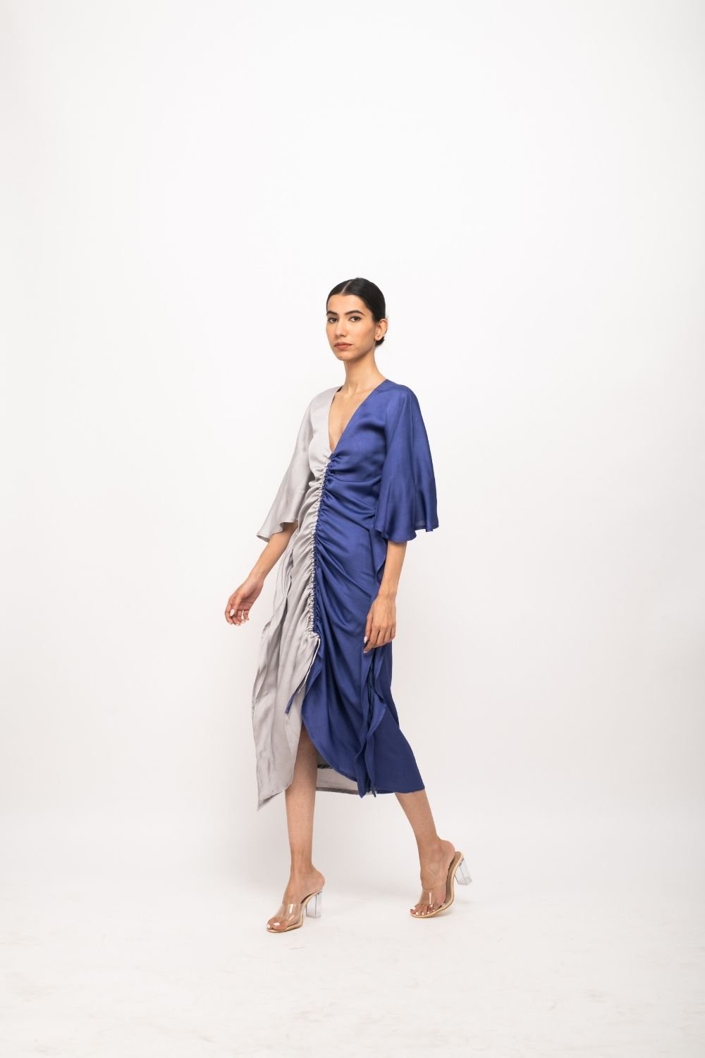 Grey/Blue Colorblocked Ruched Bodycon Midi Dress