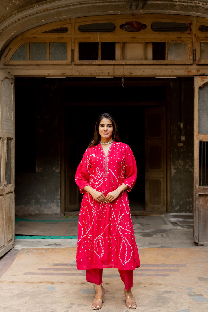Pink Silk Bandhani A-Line Kurta Set with Dupatta