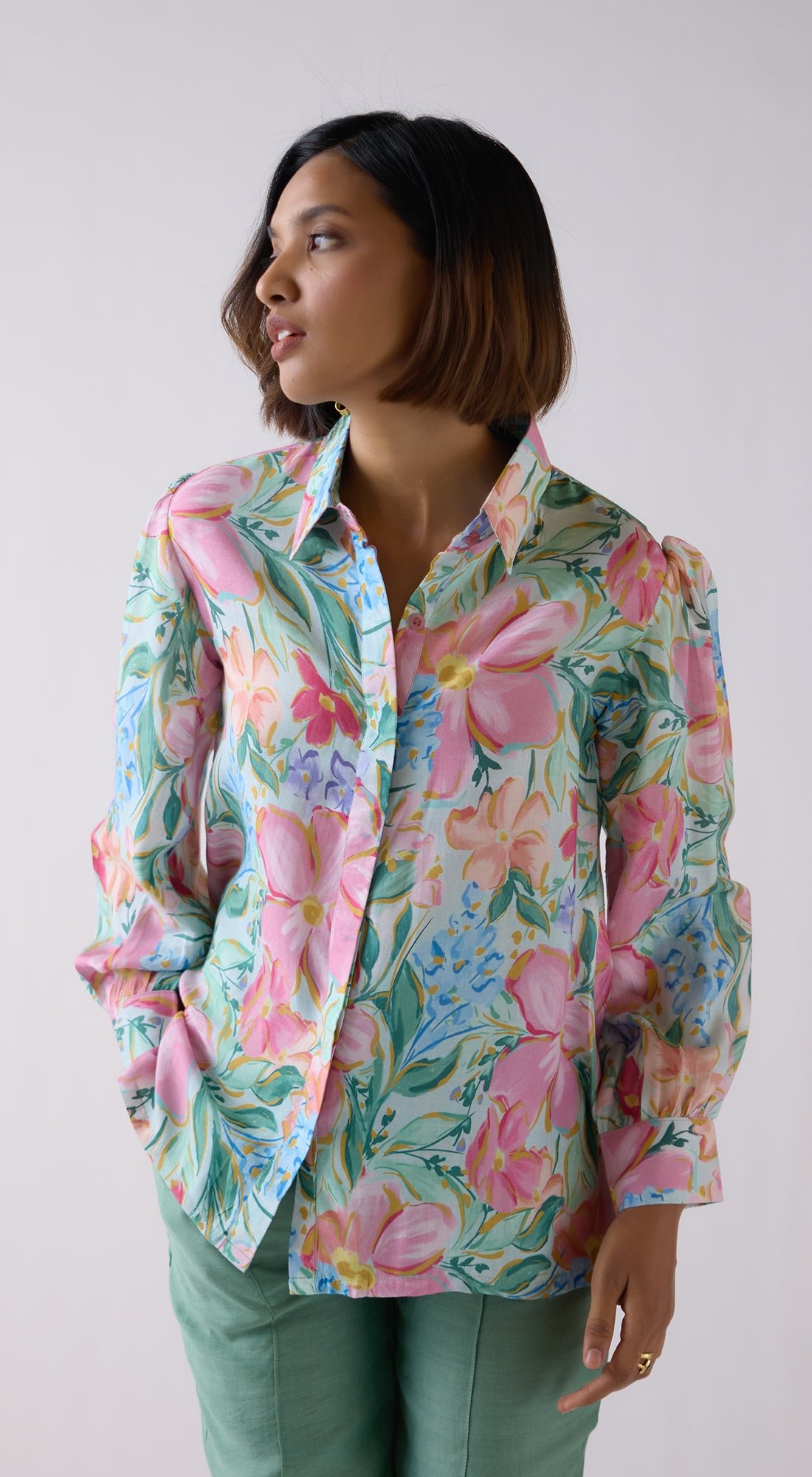 Green Muslin Floral Shirt