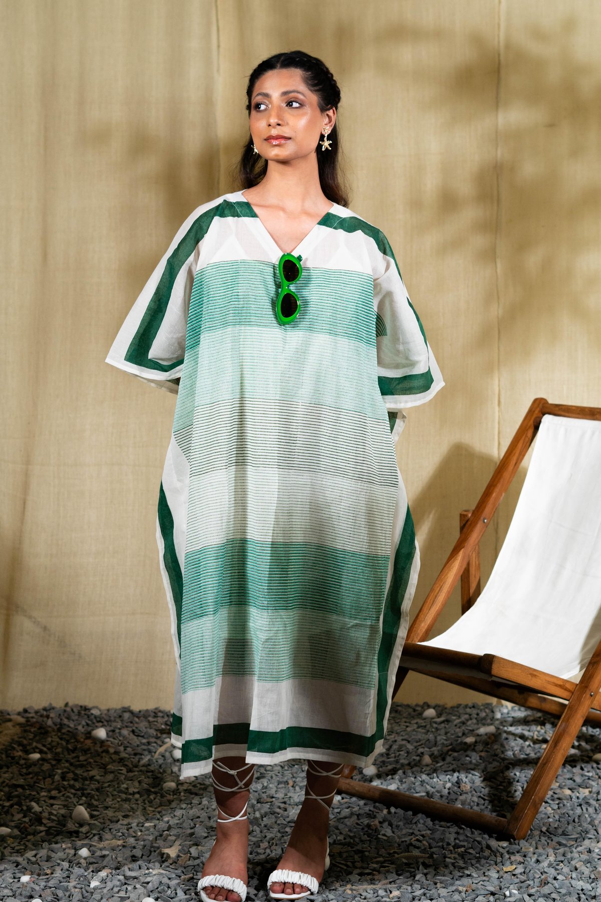 Aqua and Green Striped Cotton Kaftan with V-Neck