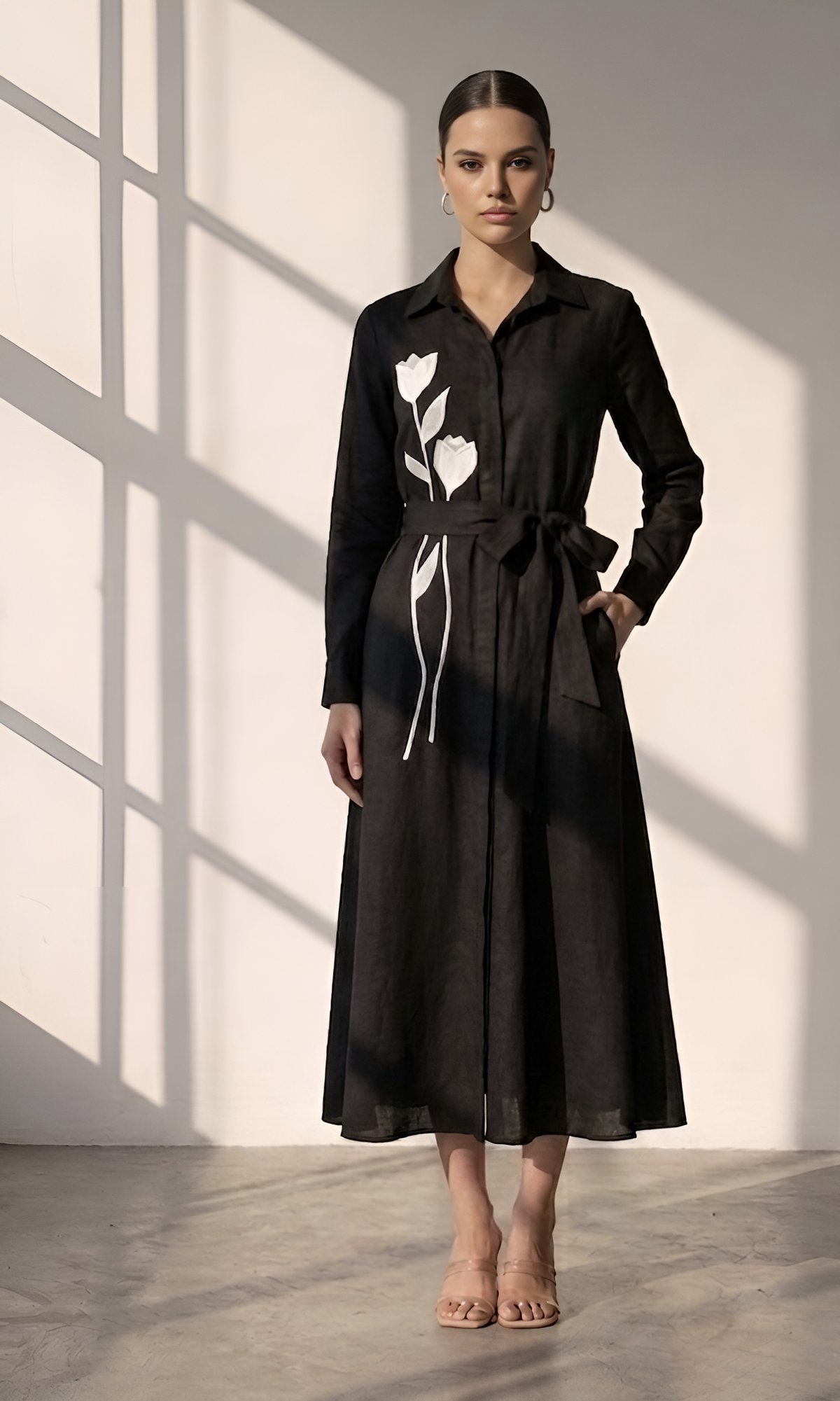 Black Maxi Shirt Dress with White Floral Applique