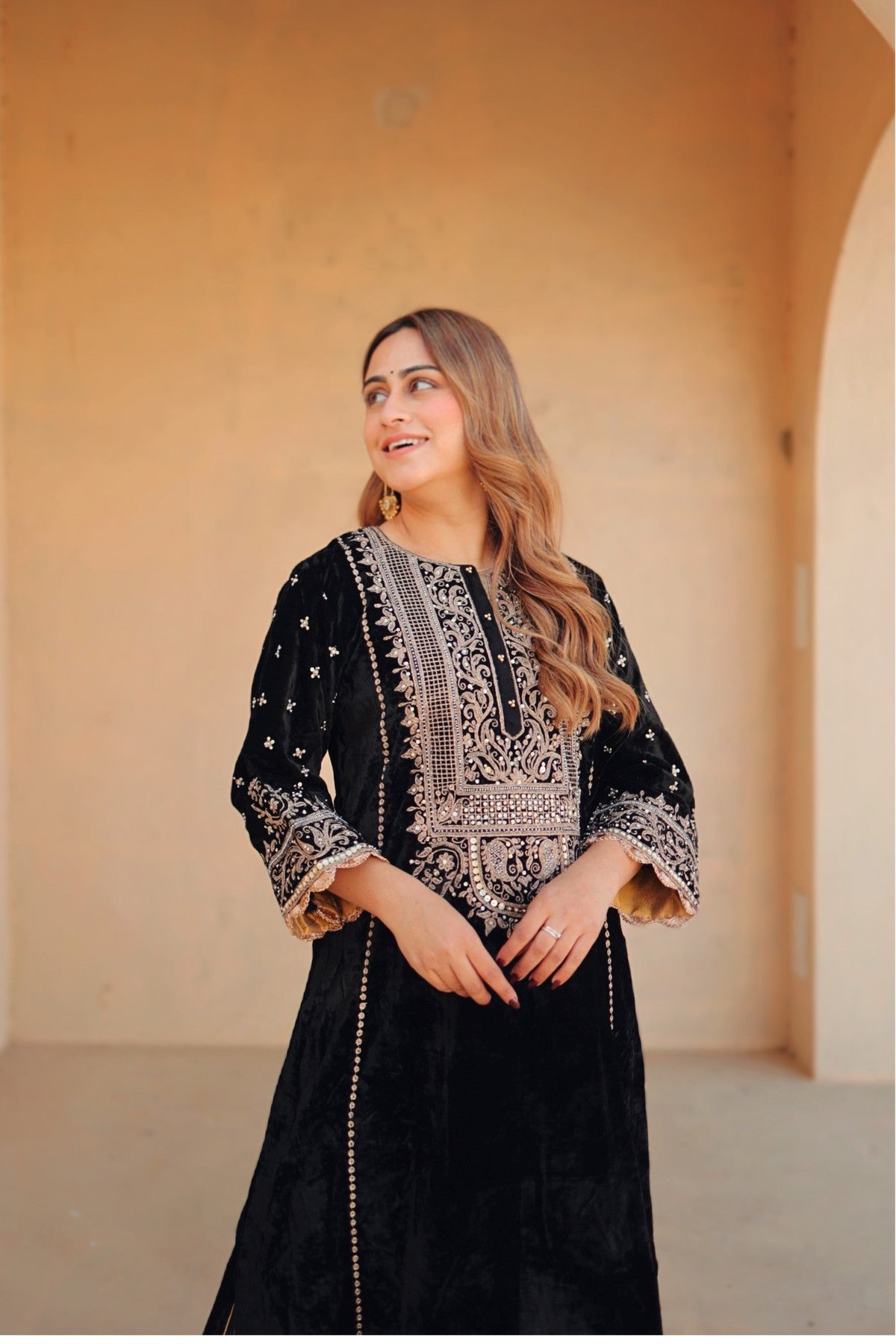 Black Silk Velvet A-Line Kurta Set with Salwar