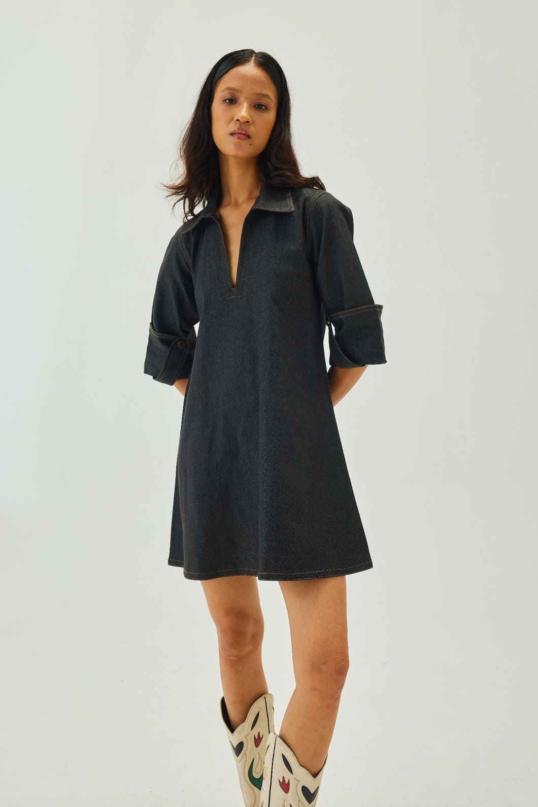 Black Denim Collared V-Neck A-Line Mini Dress